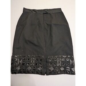 EREZ Vintage Black Wool Pencil Skirt Leather Snakeskin Beaded Hem Women 8 RN
